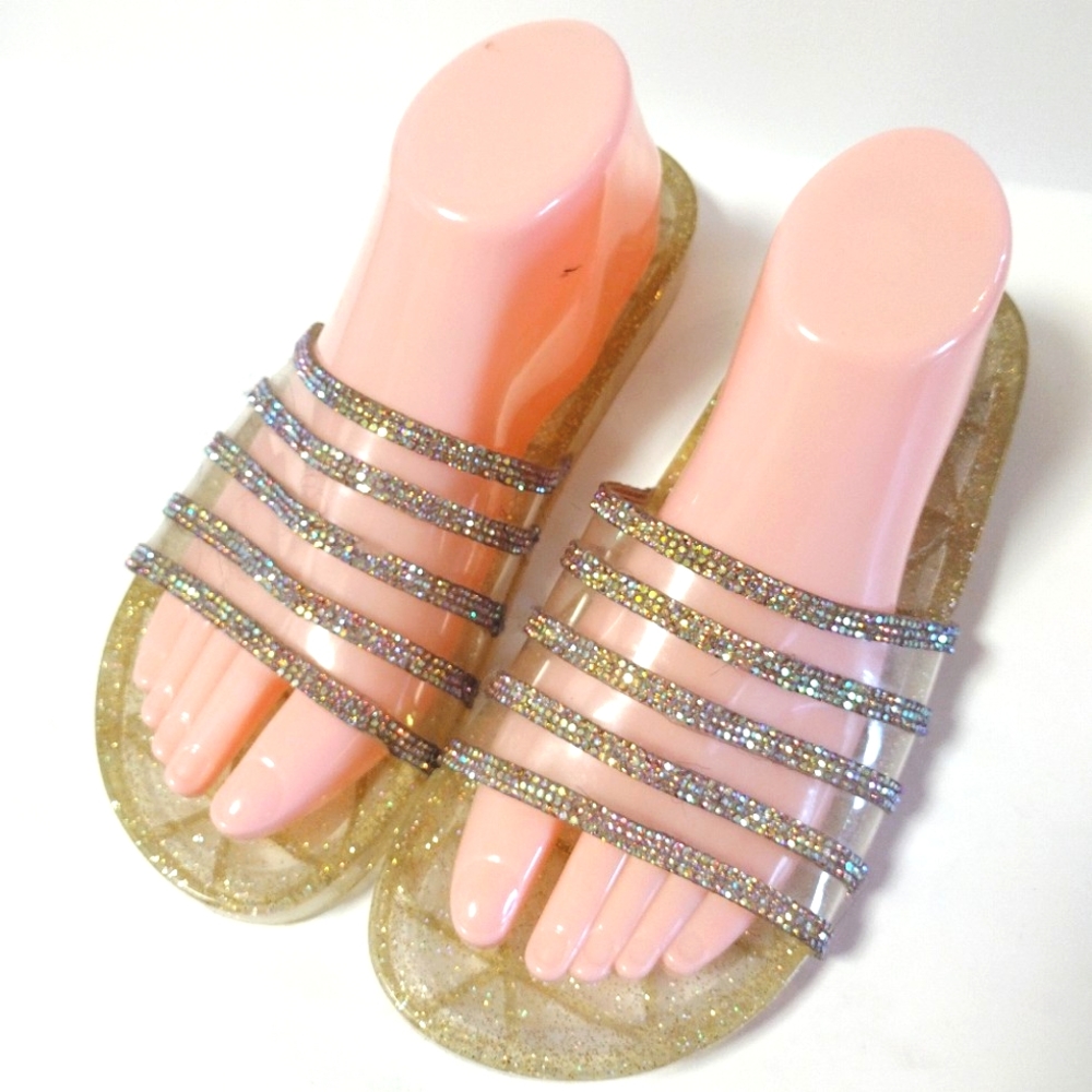 H2K Women's Jelly Glitter Summer Slide Open Toe Rhinestone Sandals Size 8 Gold - Picture 3 of 8
